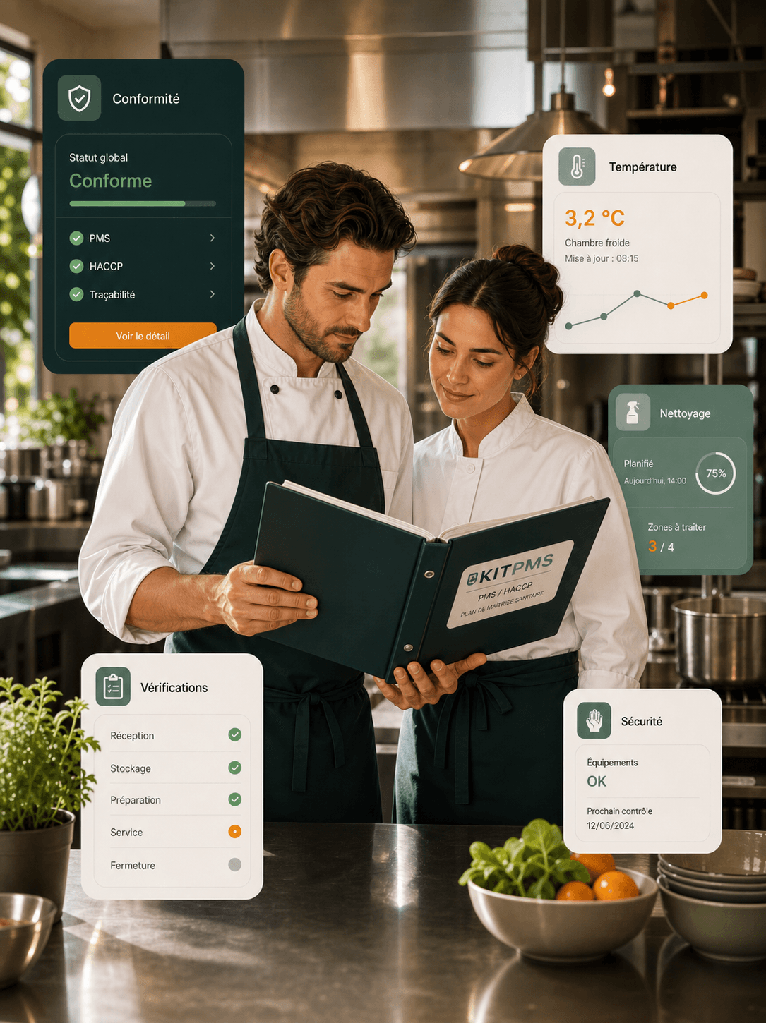 Deux professionnels en cuisine consultent un classeur PMS, entourés d'interfaces de suivi HACCP et de conformité.